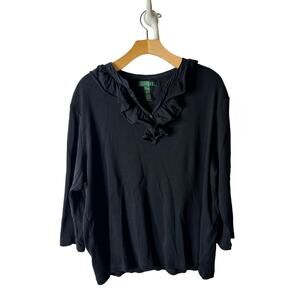 Lauren Ralph Lauren Plus 3X Slim Fit Black Ribbed Ruffle V-Neck 3/4 Sleeve Top